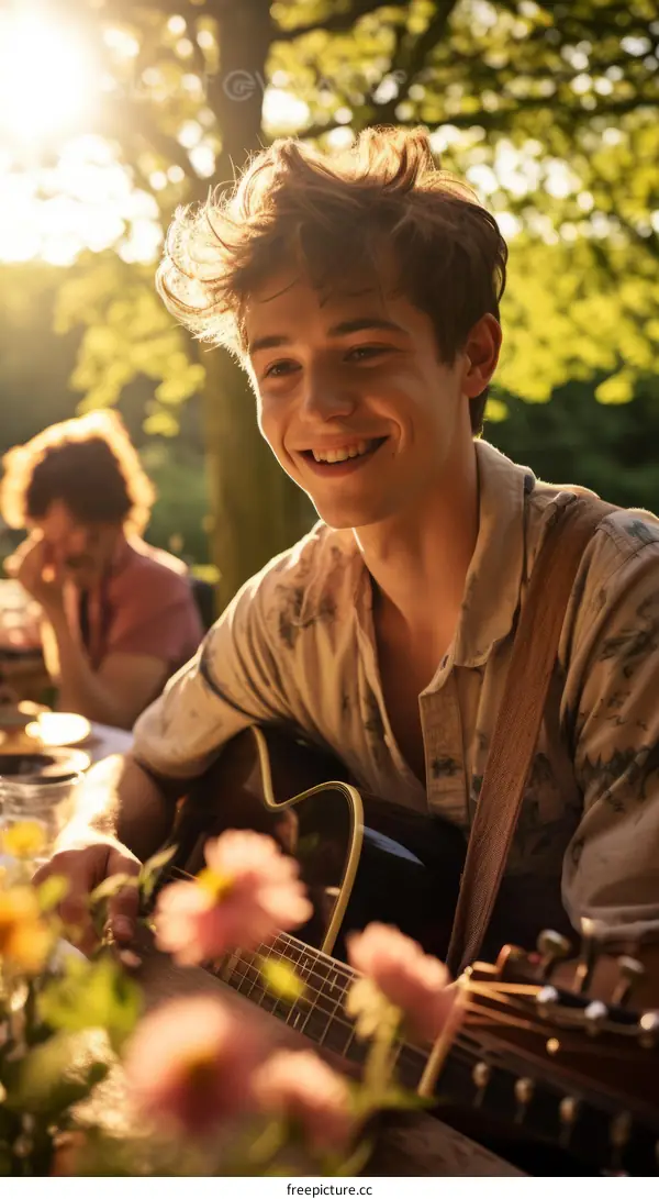 Young man playing guitar at a picnic with friends