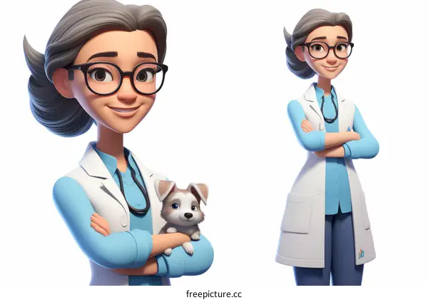 A cartoon illustration of a female veterinarian with brown hair and glasses, wearing a lab coat and stethoscope, holding a small puppy in her arms