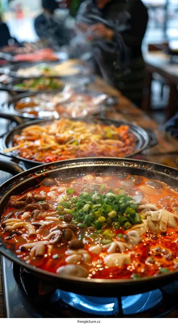 A variety of hot pot dishes are on display at a restaurant.