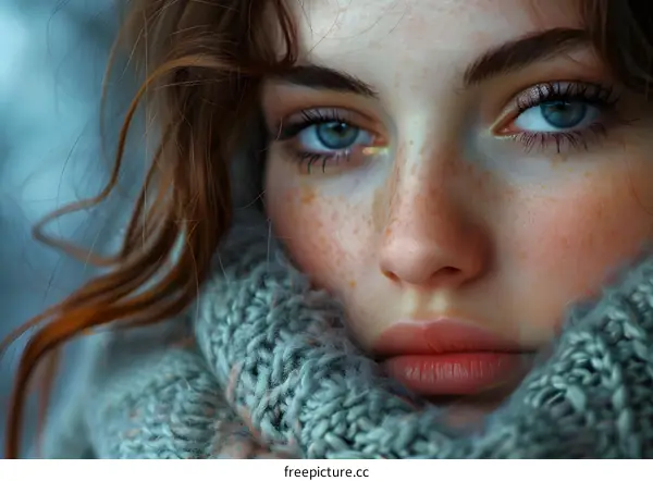 Close-up Portrait of a Young Woman with Freckles and Blue Eyes