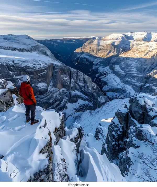 A lone climber stands on a snowy mountain peak and looks at the view