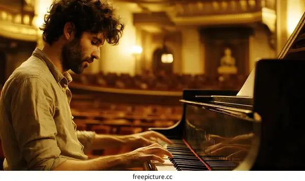 Man Playing Piano In Concert Hall
