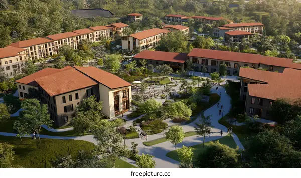 Aerial View of Modern Village with People Walking on Paths