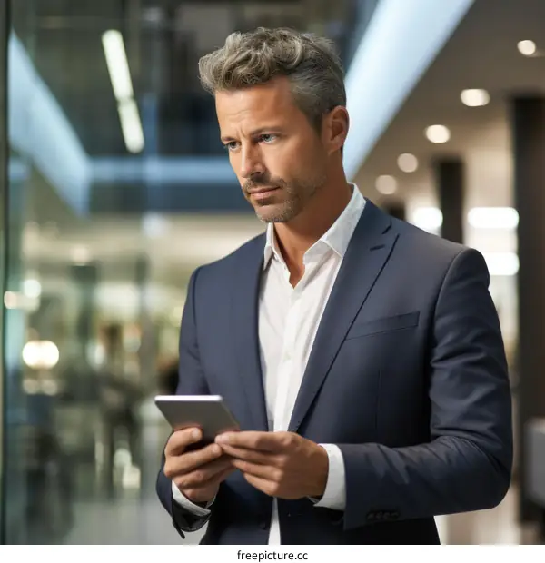 Businessman in suit using tablet