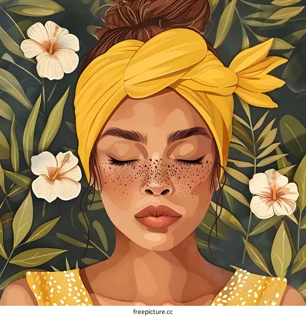 Woman with Freckles and Yellow Headscarf in Tropical Leaves