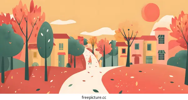 Autumn Landscape with a Woman Walking Down a Path in a Small Town