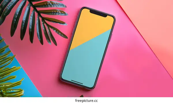 Phone Mockup with Tropical Leaves on Colorful Background