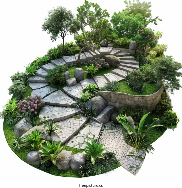 Tropical Landscape Design with Stone Steps and Greenery