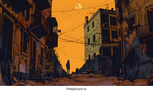 Silhouette of a Woman Walking in an Abandoned City Alley at Sunset