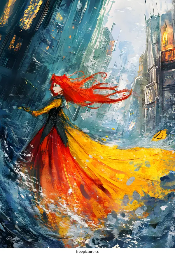 Red Hair Woman Walking in Fantasy City