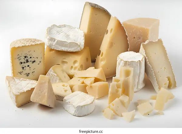 Assortment of Different Types of Cheese on a White Background