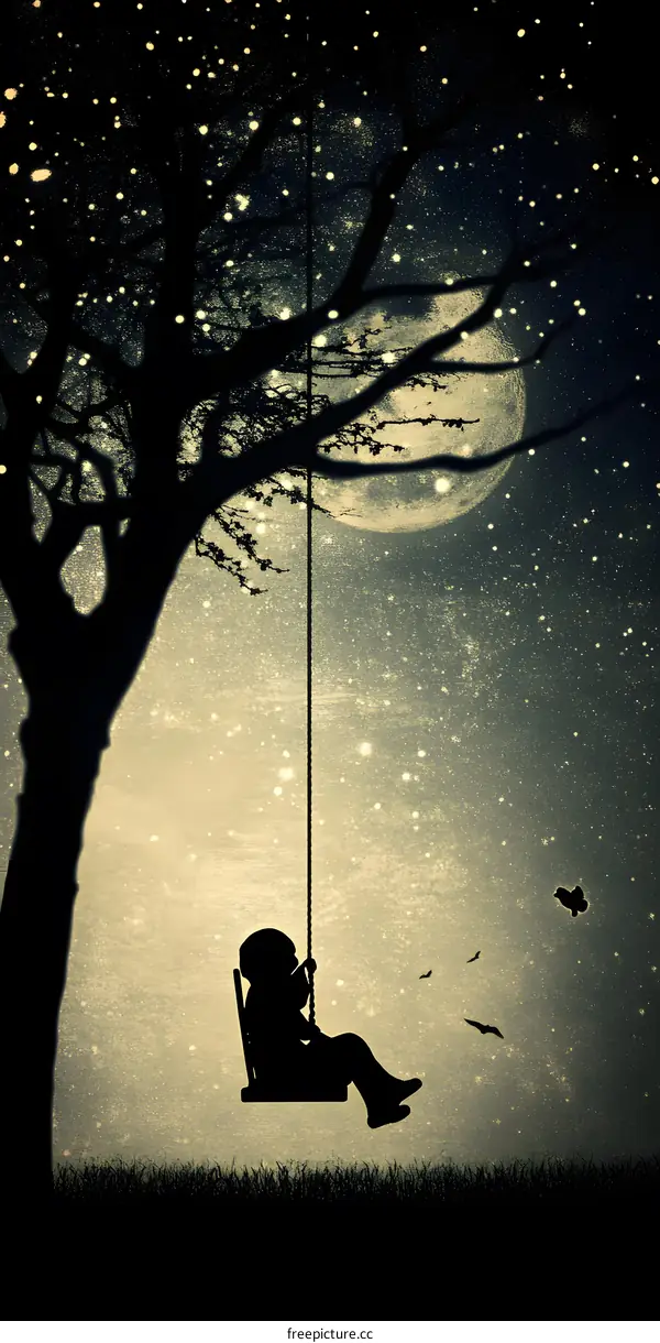 Silhouette of Child on Swing Under Starry Night Sky