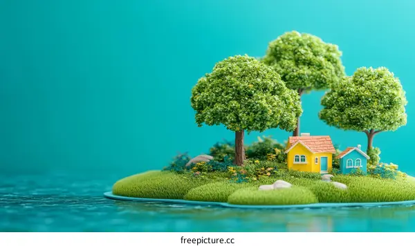 Miniature Island Landscape with Houses and Trees