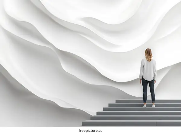 Woman Standing On Stairs In Front of White Curved Wall