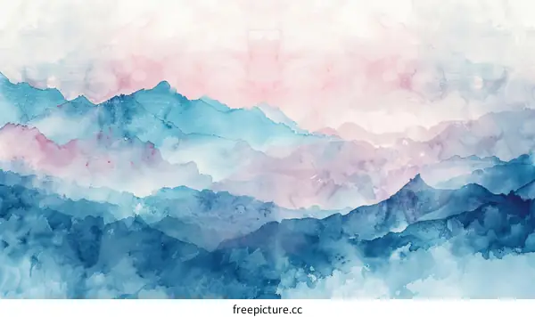 blue and pink abstract watercolor mountain landscape painting