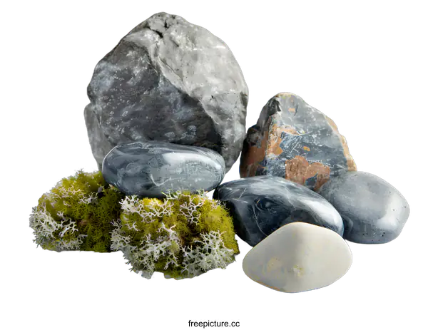 [Transparent Background PNG]Close Up Of Grey And Black Smooth Stones With Green Moss