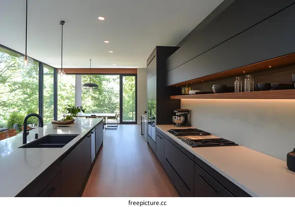 Modern Kitchen Interior Design with Black Cabinets and White Countertops