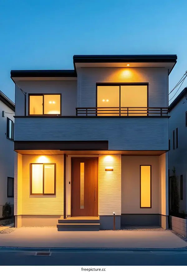 Modern House Exterior with Wooden Door and Yellow Lights at Night