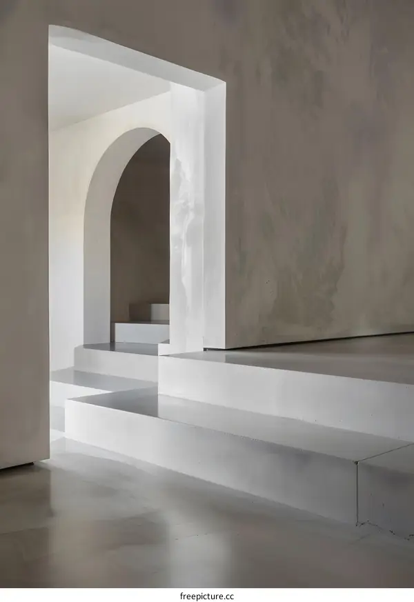 Minimalist Interior Design With Concrete Stairs and Archway