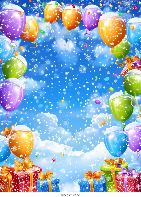 Winter Festive Background with Balloons and Gifts