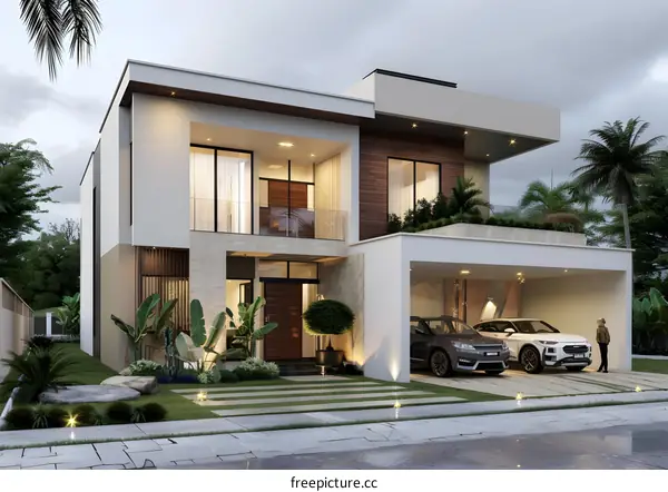 Modern Two Story House with Garage and Tropical Plants