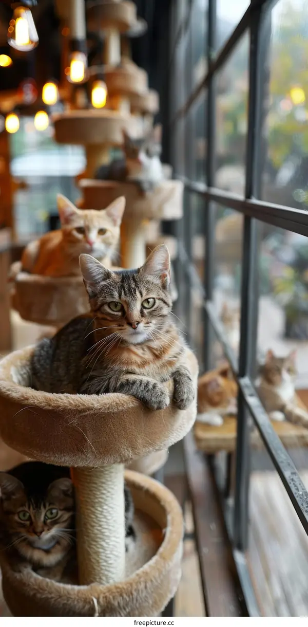 A group of cats sitting on a cat tree and looking out the window