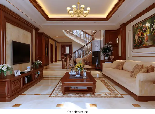 Luxury Living Room Interior Design with Wooden Staircase