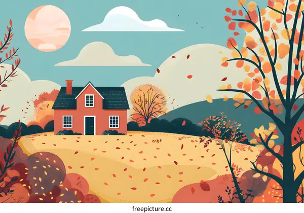 Autumn Landscape Illustration with Red House and Falling Leaves