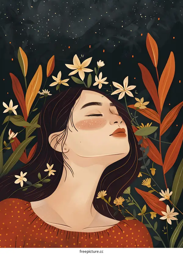 Woman in Flowers with Closed Eyes Illustration