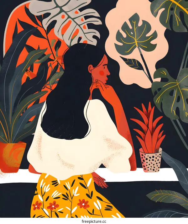 Woman in a Floral Skirt Surrounded by Plants