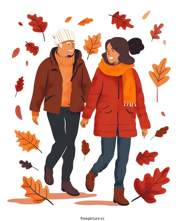 Couple Walking in Autumn Leaves