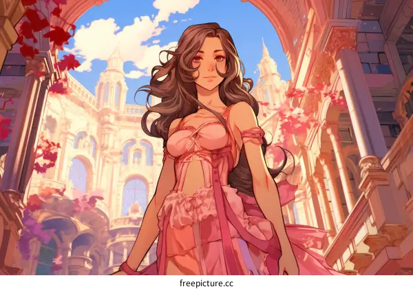 A beautiful young woman with long brown hair standing in a pink dress in a fantasy setting