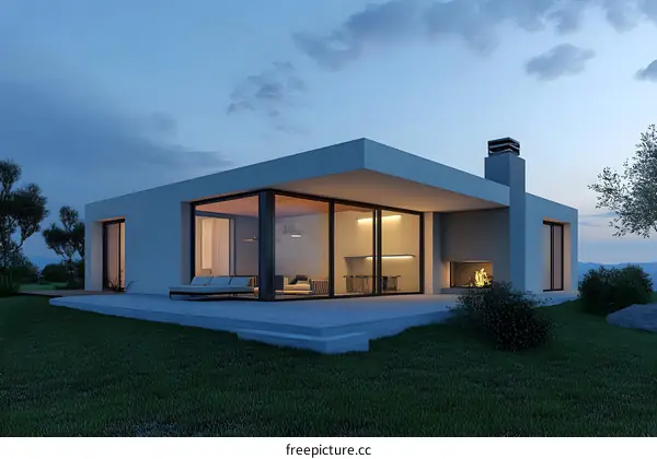 Modern Home Design with Large Windows and Fireplace