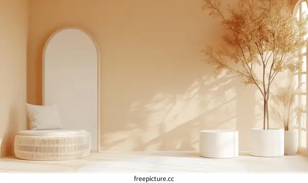 Beige Minimalist Living Room Scene with Planters