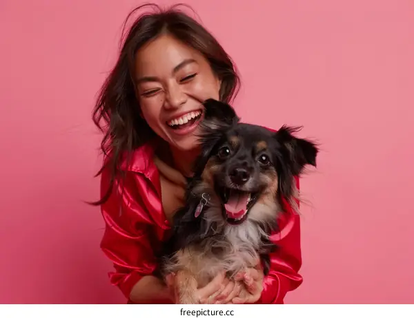 Laughing woman hugging small dog with open mouth