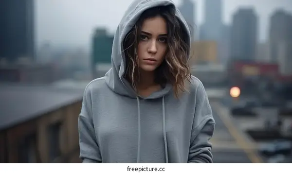 Portrait of a young woman in a gray hoodie looking at the camera with a serious expression on her face