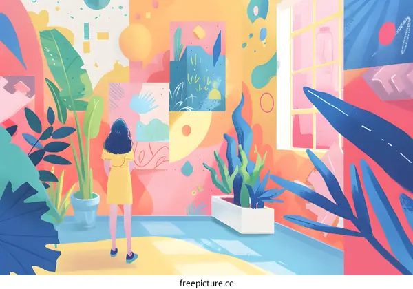 Woman Looking at Abstract Art in Colorful Room