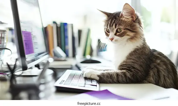 Cute Cat Working on a Computer Desk