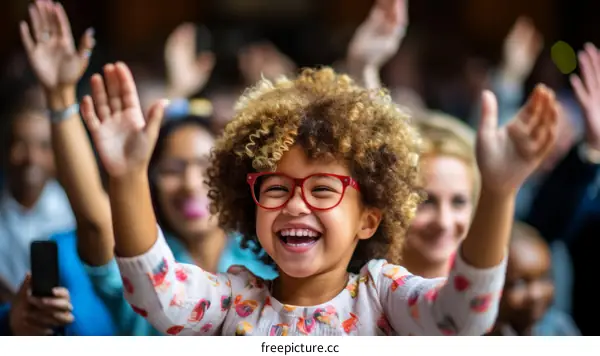 Little girl with curly hair smiling and raising her hands in a crowd