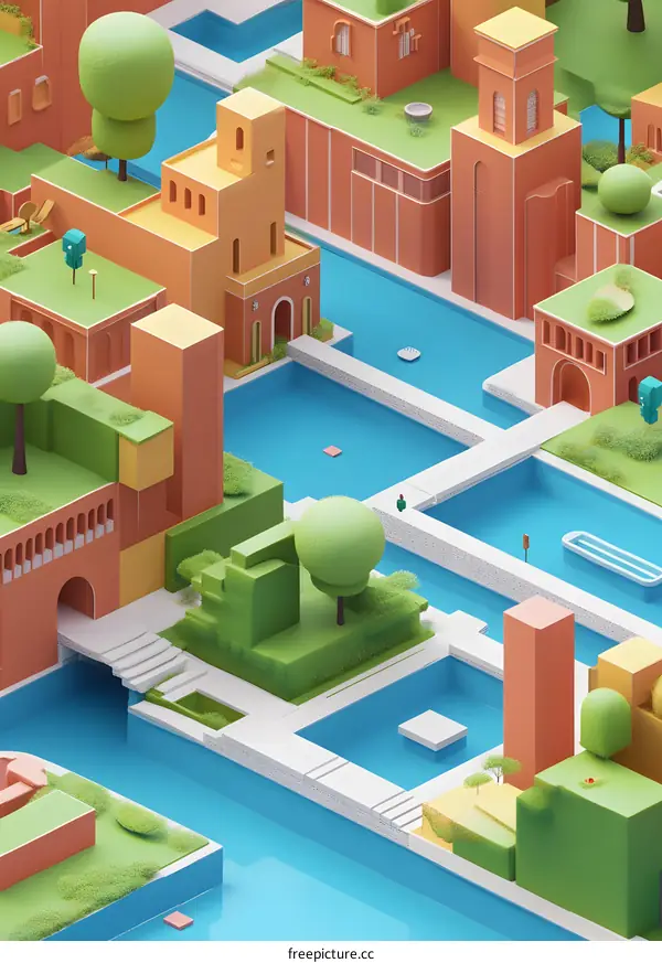 Abstract 3D City Illustration with Buildings and Water Canals