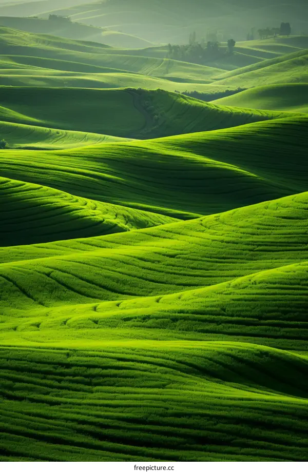 Green, Undulating Hills Bathed in Sunlight