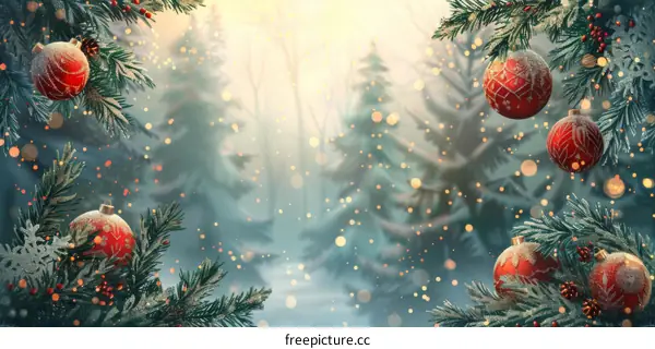 Christmas ornaments hanging on a snowy forest background