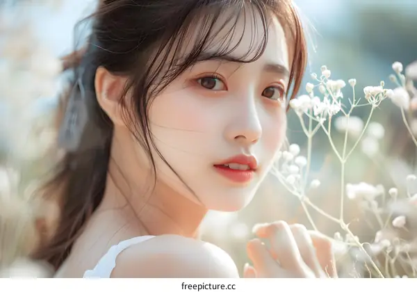 Portrait of a Young Asian Woman with Flowers in the Background