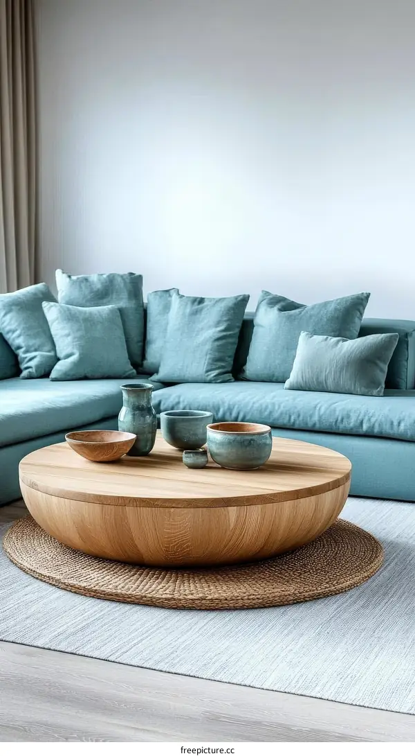 Modern Living Room With Light Teal Sofa and Wooden Coffee Table