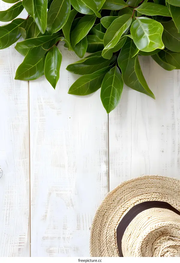 Green Leaves and Straw Hat on Wooden Background