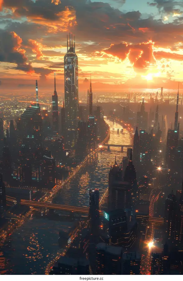 Futuristic Cityscape Sunset River