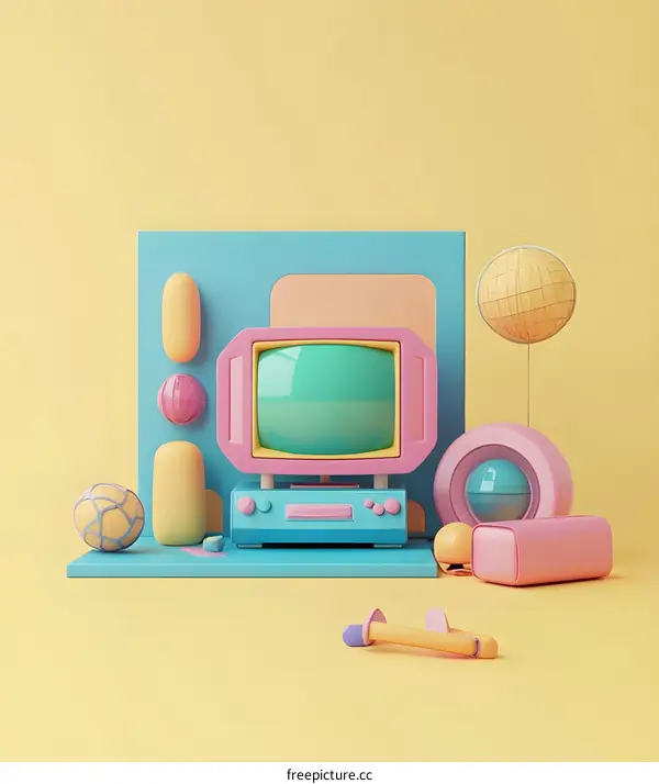 3D Retro Television and Abstract Shapes in Pastel Colors
