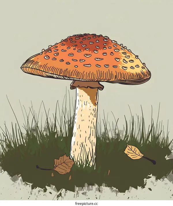 Hand Drawn Illustration of a Fly Agaric Mushroom in the Grass