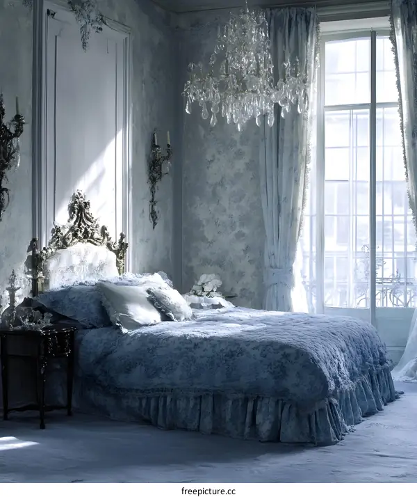 Elegant Blue and White Bedroom with Crystal Chandelier