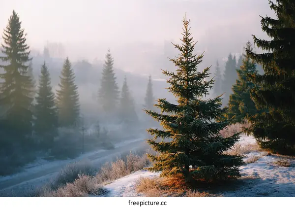 Misty Morning in the Snowy Forest